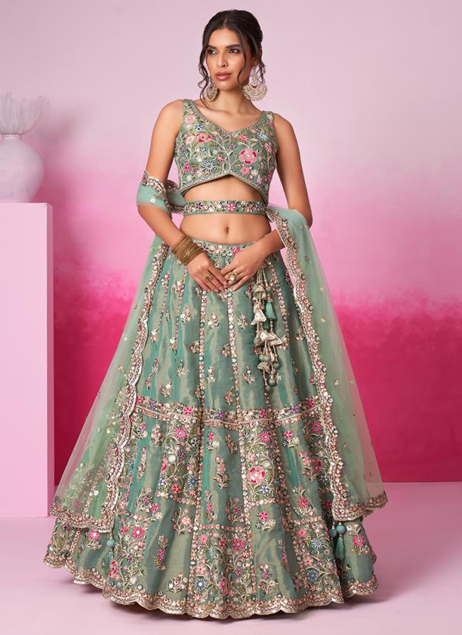 Net Sea Green Wedding Wear Sequins Work Lehenga Choli